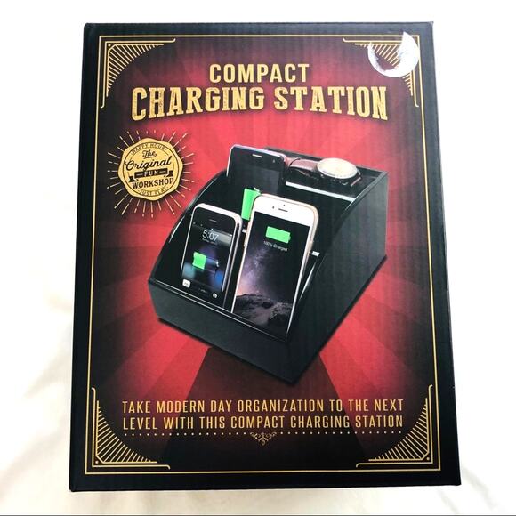 NIB Black Compact Charging Station Organize Multiple Devices HInged Back Panel - Picture 1 of 16
